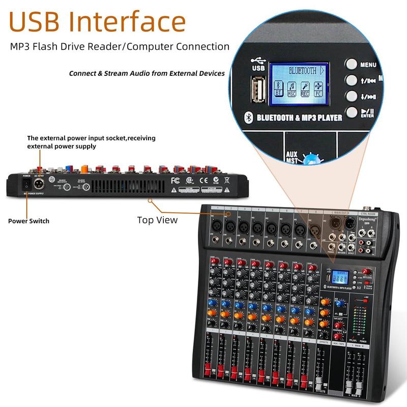 Mixer de Áudio Profissional Depusheng DX8 - 8 Canais, USB